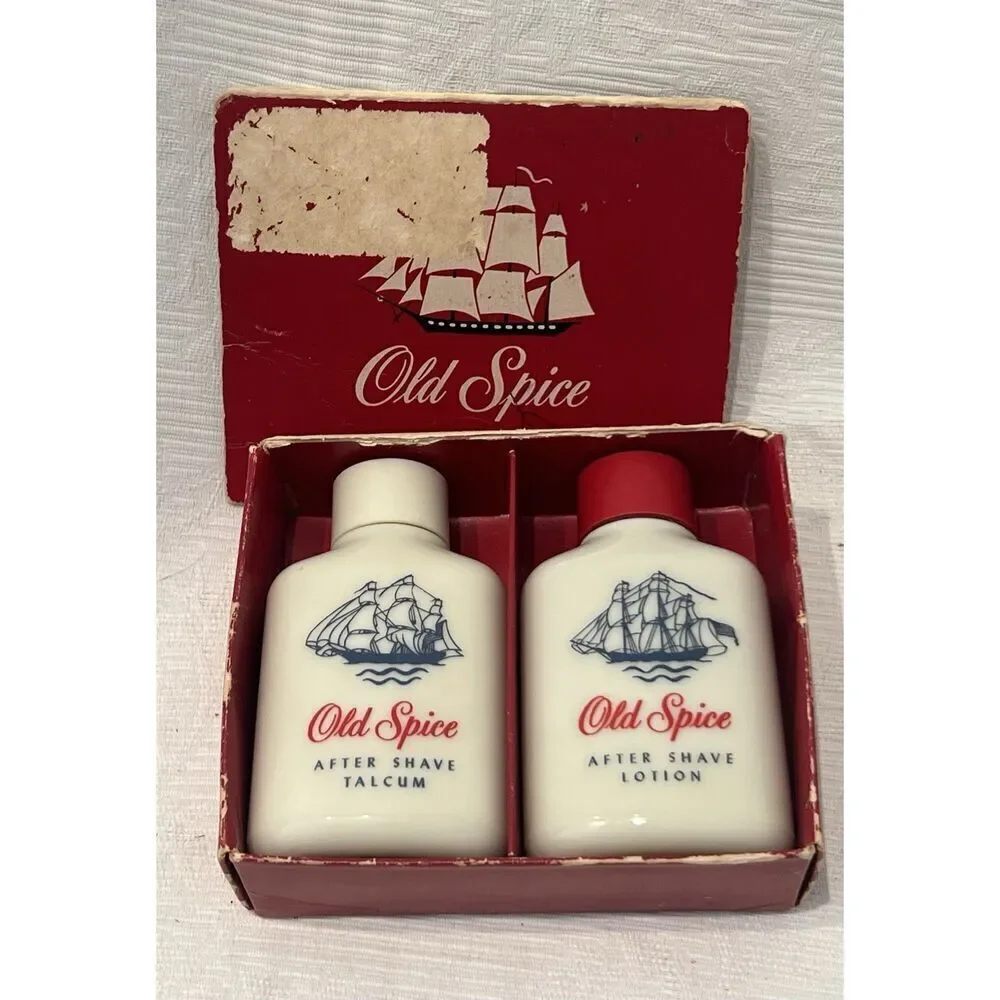 Vtg Old Spice Traveler Pack Glass Bottles After Shave Lotion & Talc #3365 NOS‎